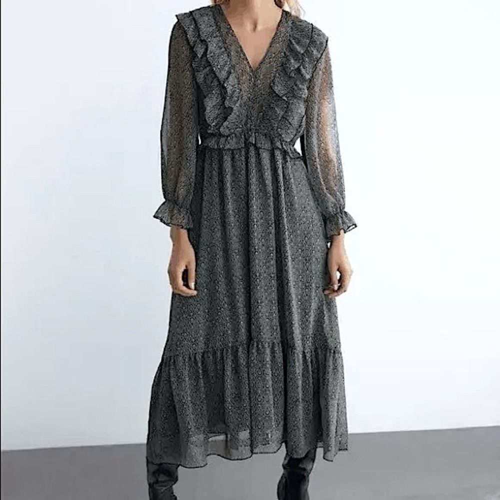 Zara Women's Ruffle Metallic Printed Midi Dress Size Medium